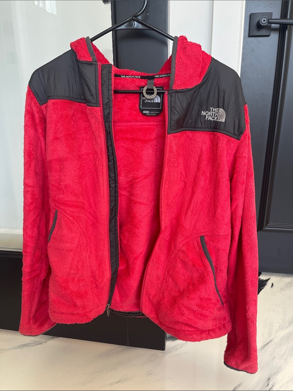The North Face Red Fleece Hooded Jacket with Black Trim
